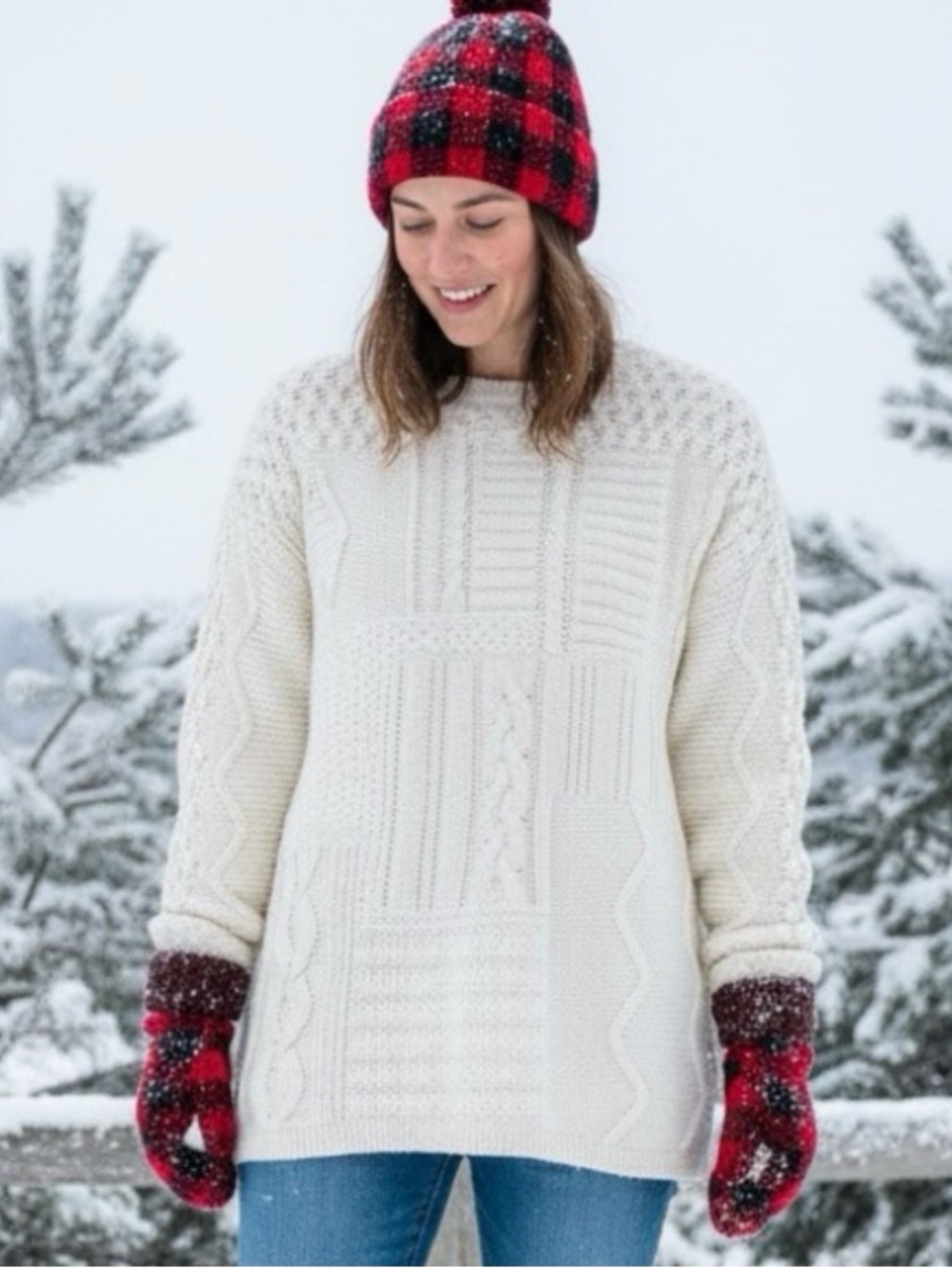Talbots Cream Cable & Basketweave Patchwork Crewneck Sweater Cotton MP